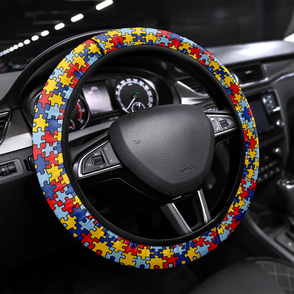 Autism Awareness Pattern Steering Wheel Cover 15 Inches Car Steering Wheel Protector